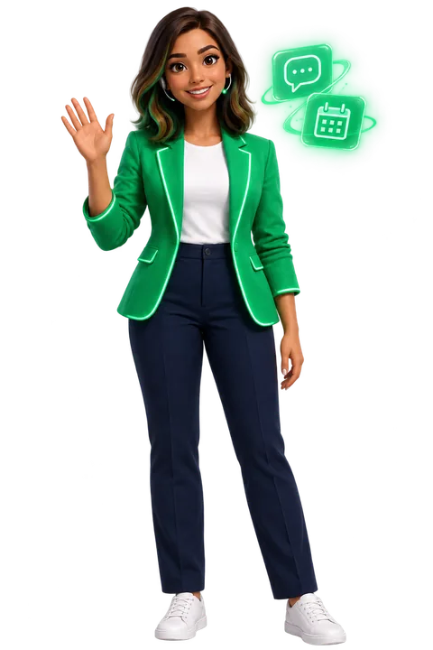 Bia, a Agente de IA do Berchat, de blazer verde, acenando